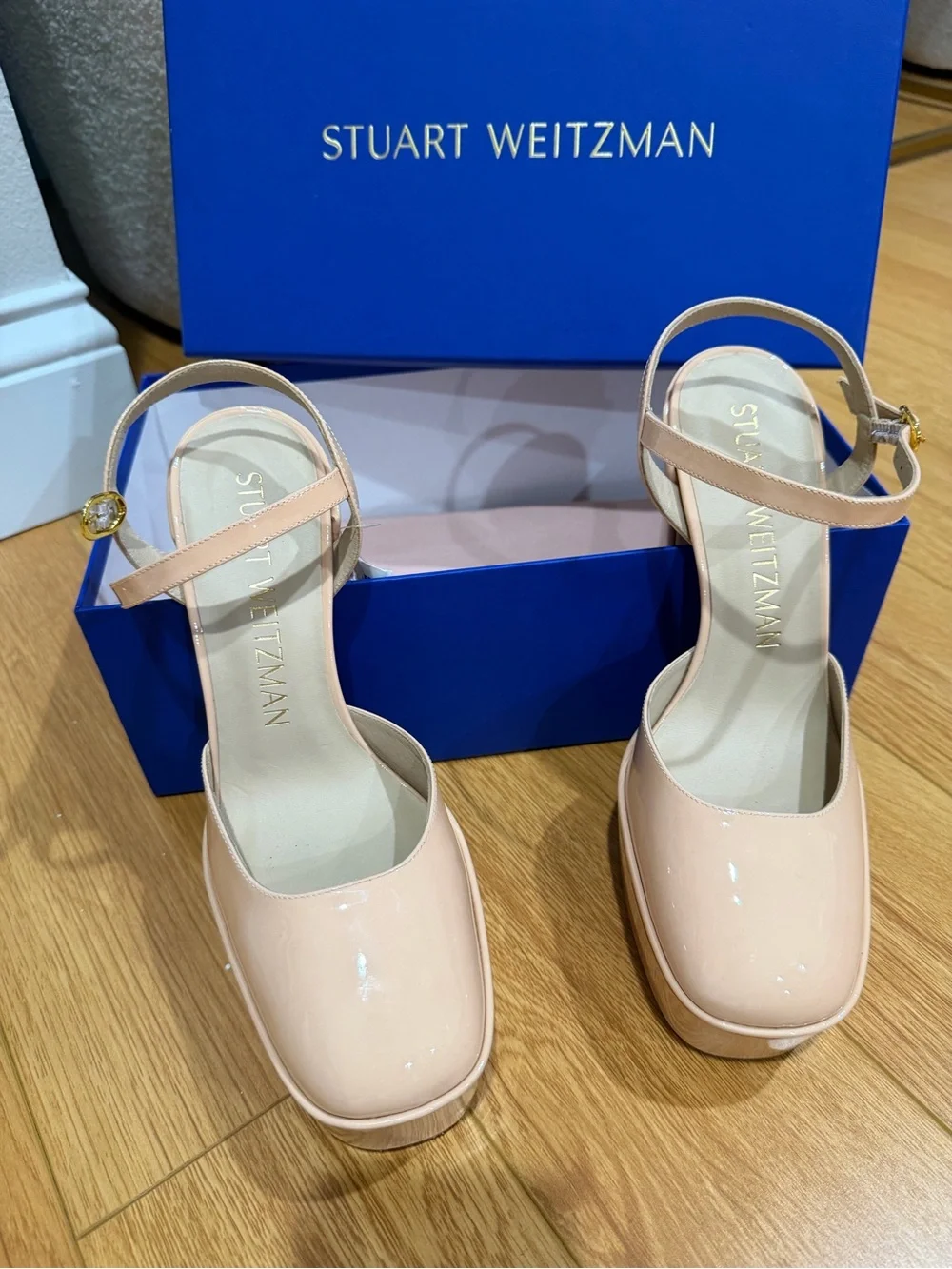 Stuart Weitzman Nude Patent Sky-High Platform Ankle-Strap Pumps